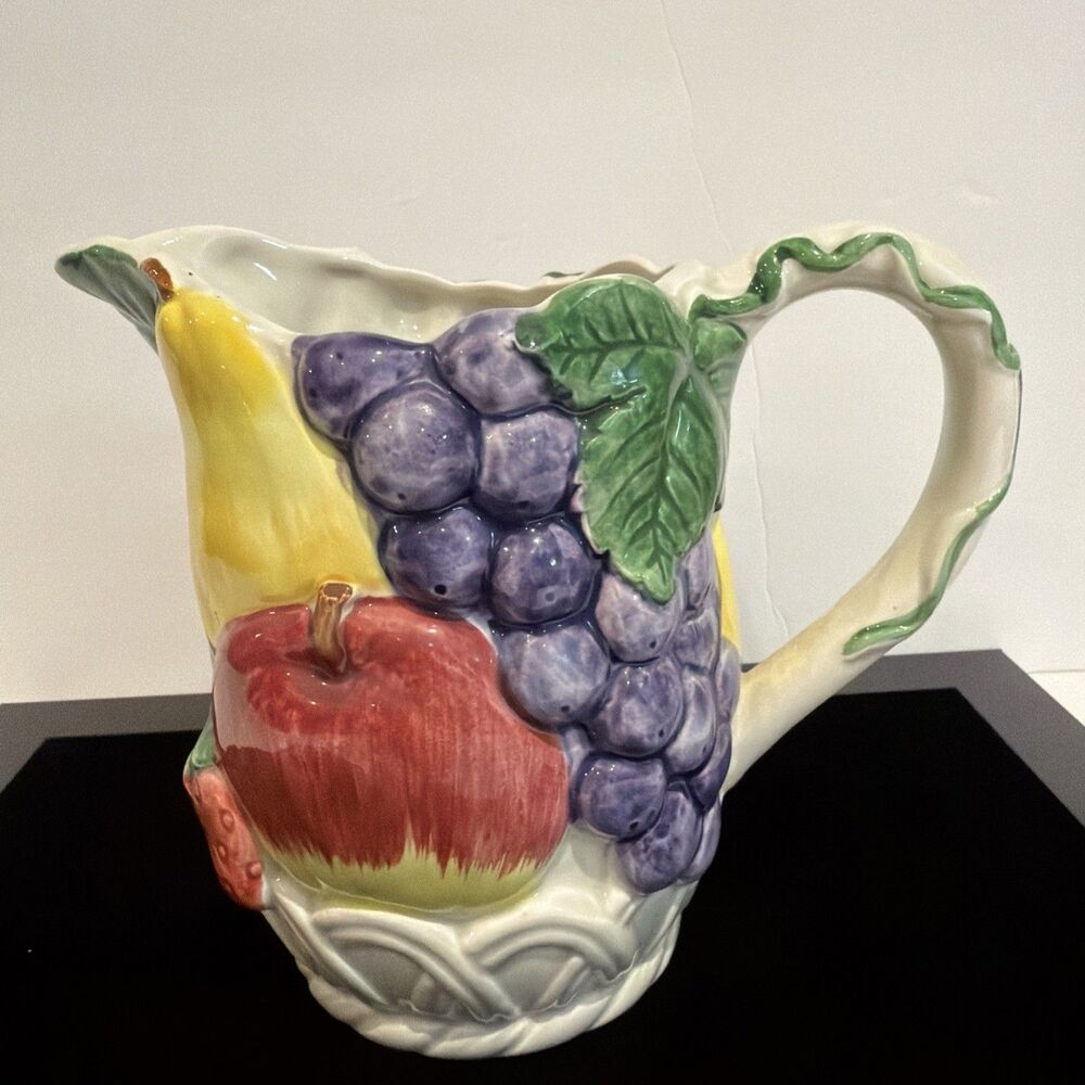 Vintage 24oz Japan Otagiri Fruit Basket Hand Painted Pitcher Grapes Apple StrawB